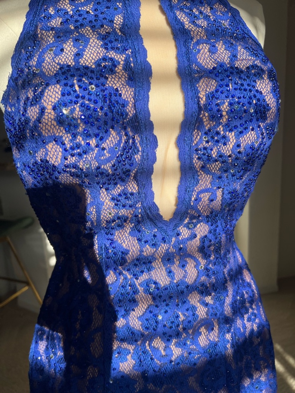 Jovani Women's Royal Blue Lace Halter Evening Gown